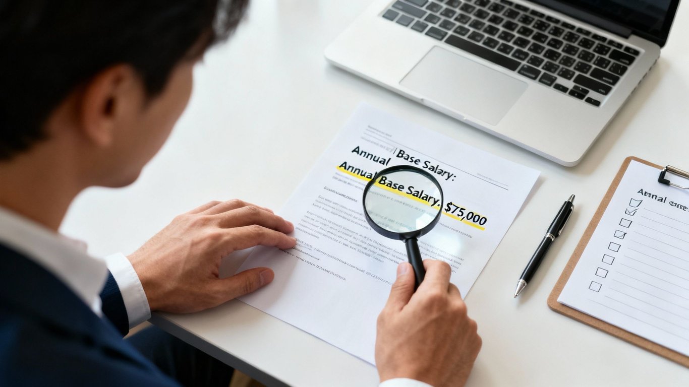 A man carefully reviews a document with a magnifying glass, focusing on a highlighted annual base salary.