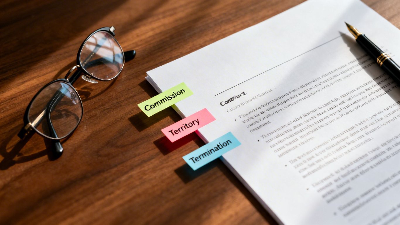 Contract document with 'Commission', 'Territory', 'Termination' tabs, glasses, and a pen on a wooden desk.