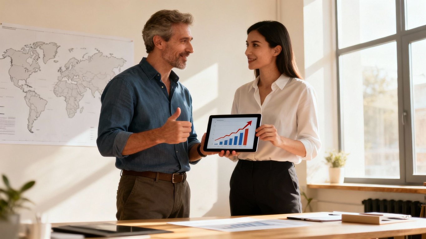 Two diverse business people reviewing sales data on a tablet, showing positive growth.