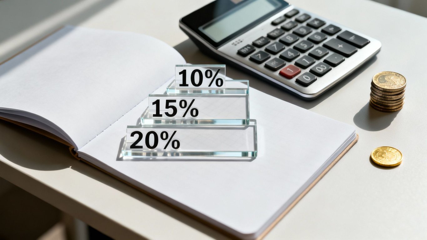 A calculator, notebook, and coins beside clear blocks showing increasing percentages (10%, 15%, 20%), symbolizing financial growth.