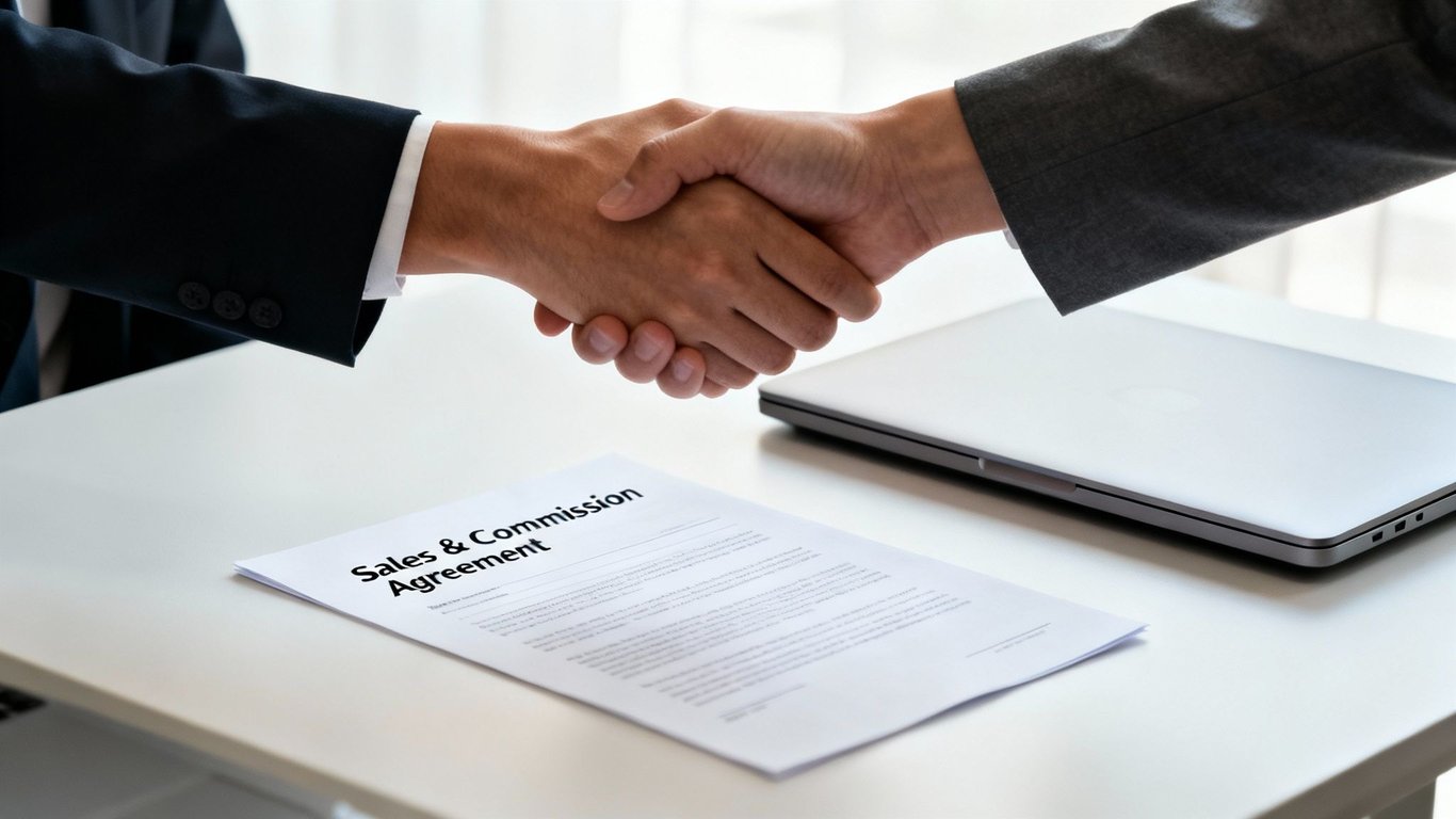 Business professionals shaking hands after signing a sales and commission agreement on a white desk.