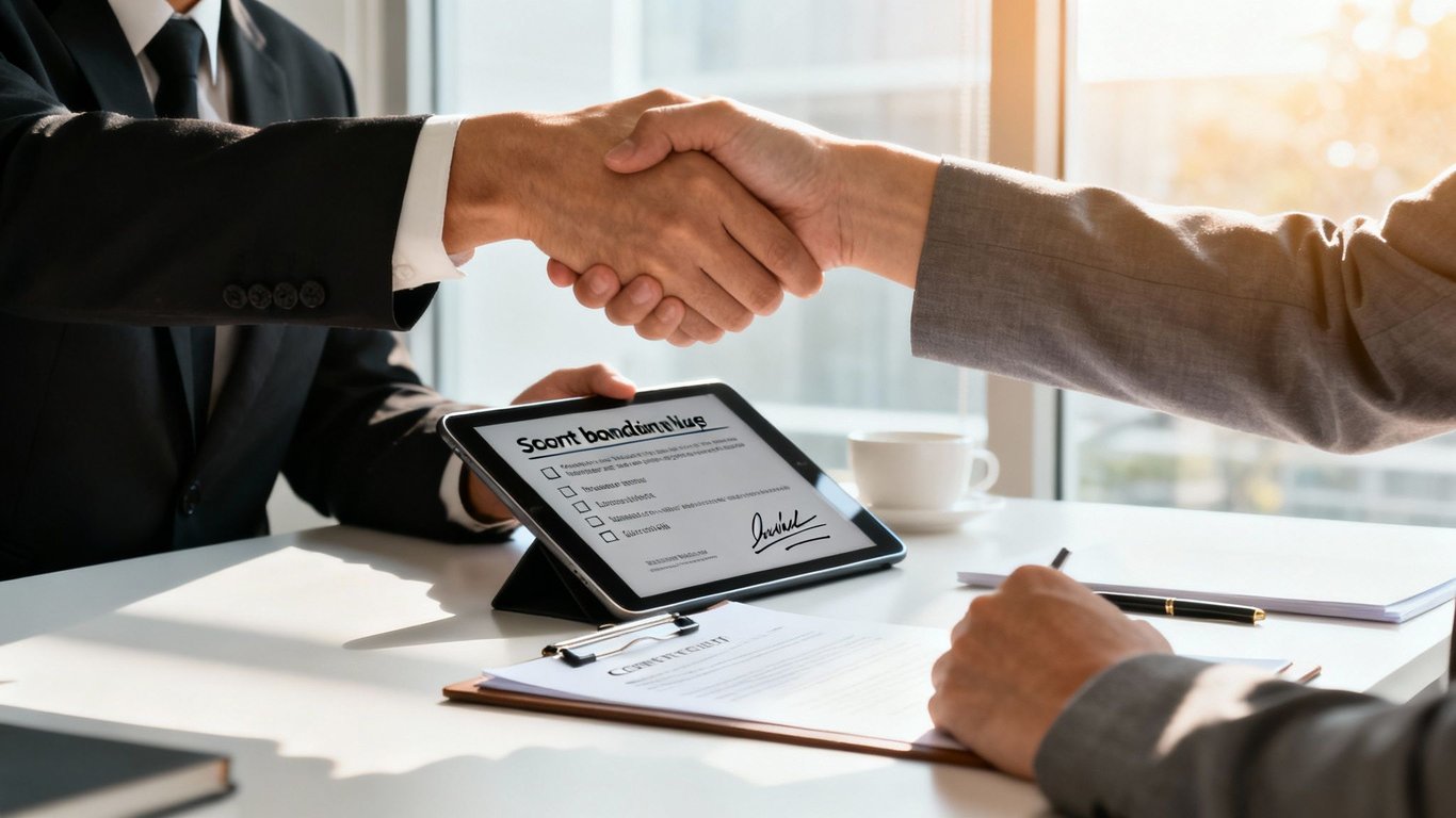 Two businessmen shaking hands across a table with a tablet, signifying a successful business deal.