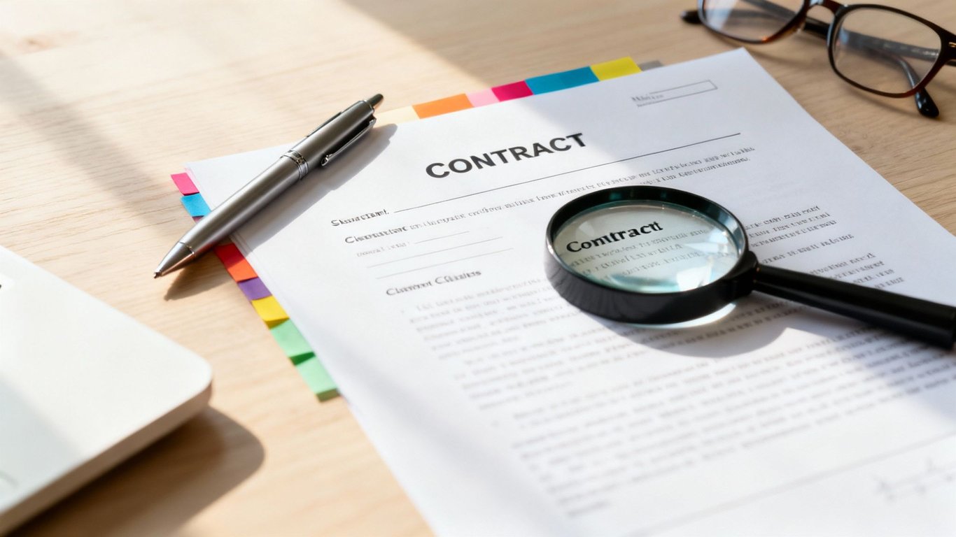 Close-up of a contract being reviewed with a magnifying glass, pen, and glasses on a desk.