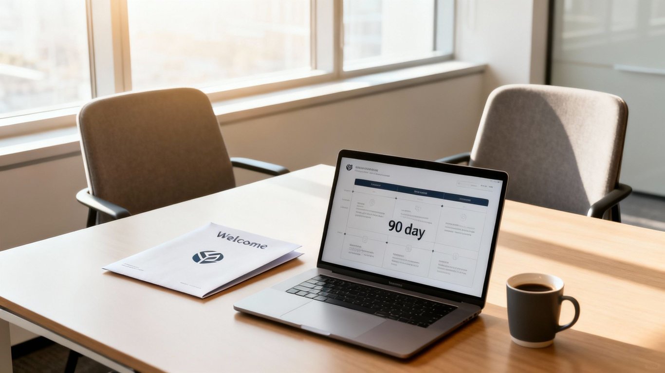 A laptop displaying a 90-day plan, a welcome folder, and coffee on a bright office desk.