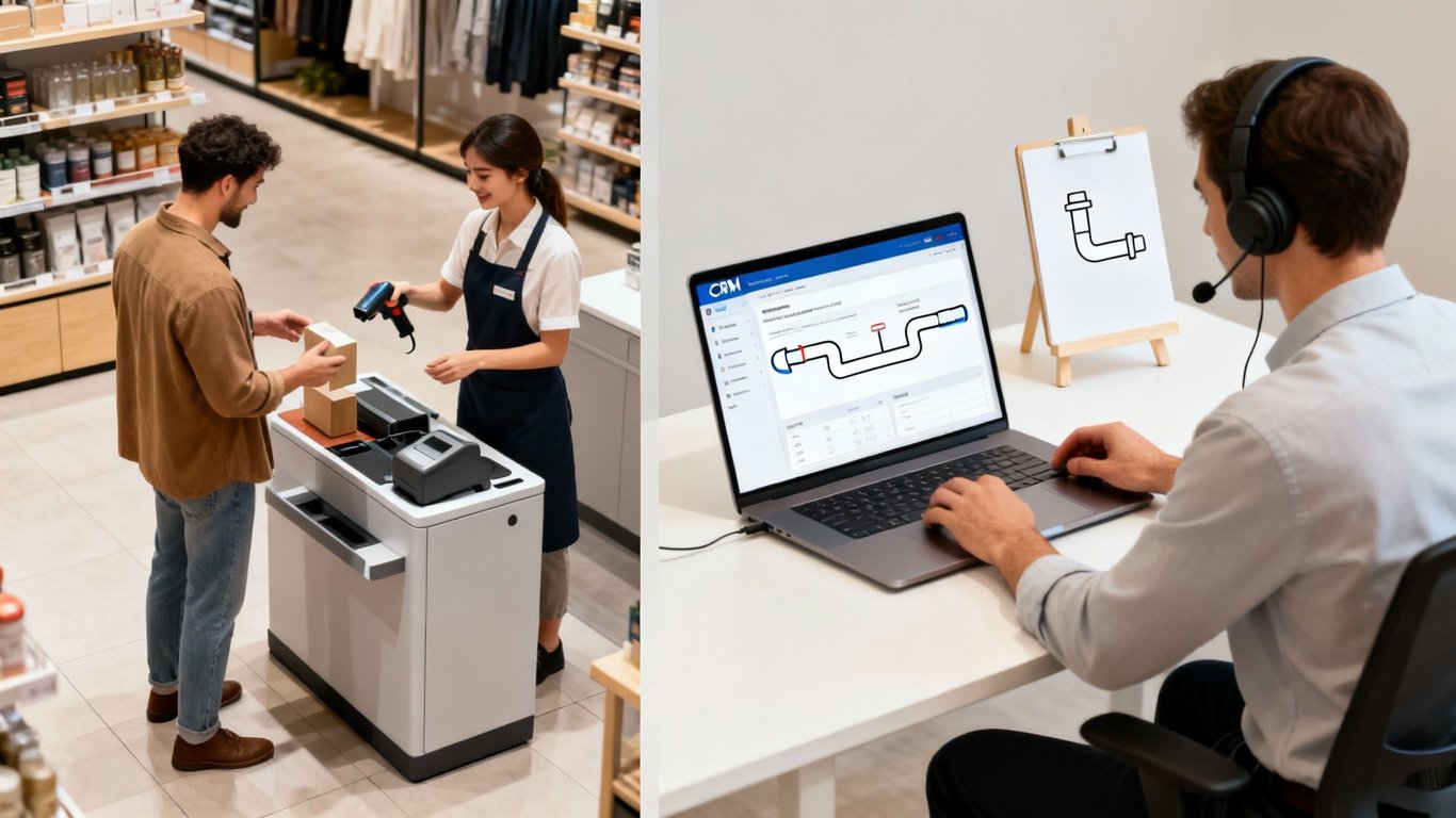 Two scenes: a retail associate scanning items and a sales rep working on a CRM with a headset.