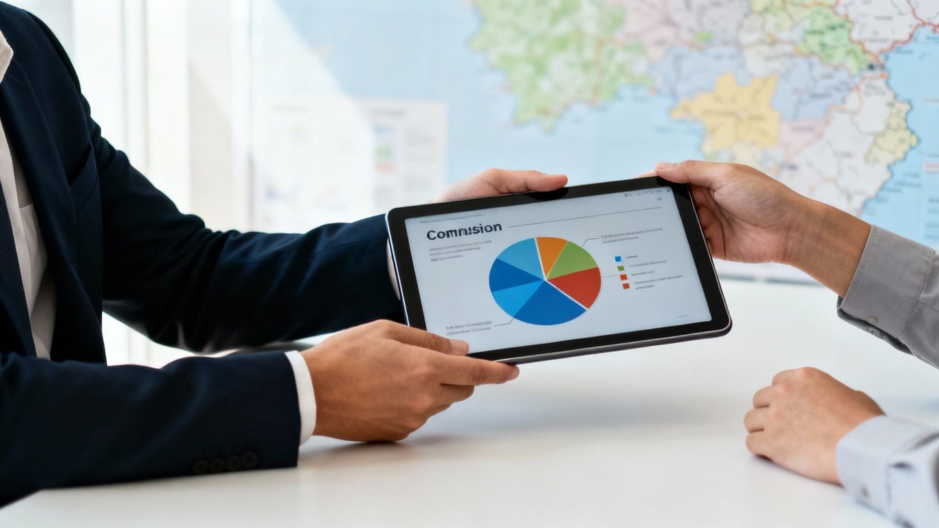 Two business professionals analyzing a commission report with a pie chart on a digital tablet.