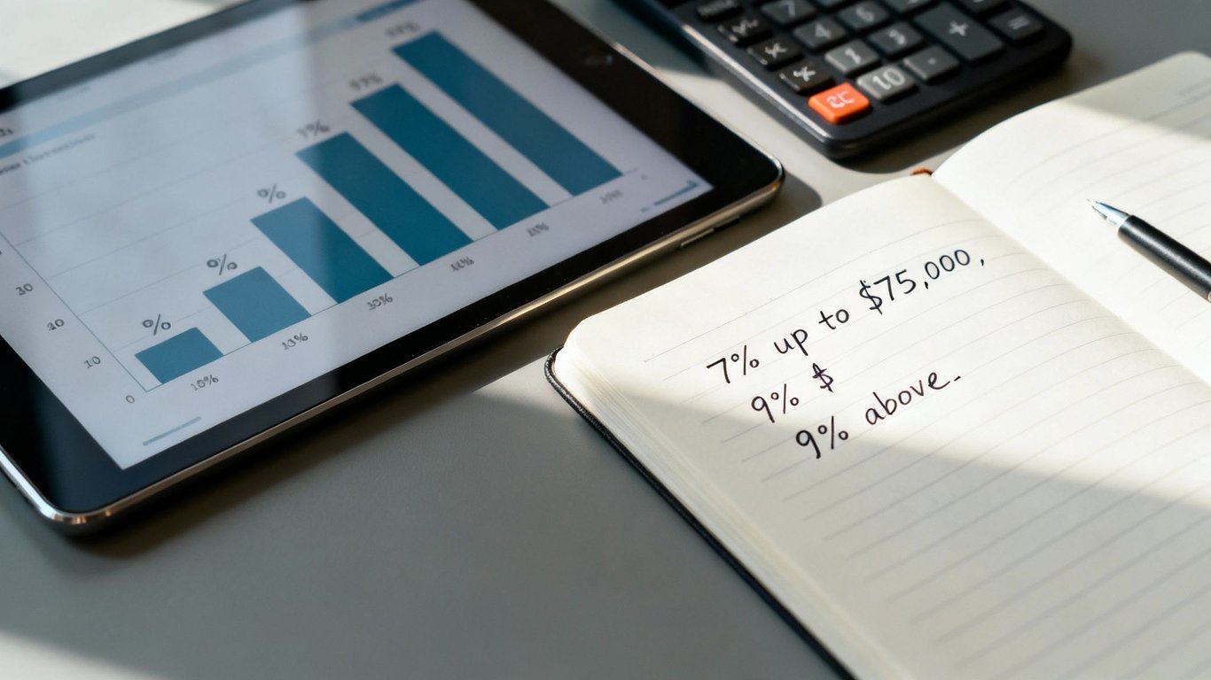 A tablet with a bar chart, a calculator, and a notebook with handwritten commission rates.