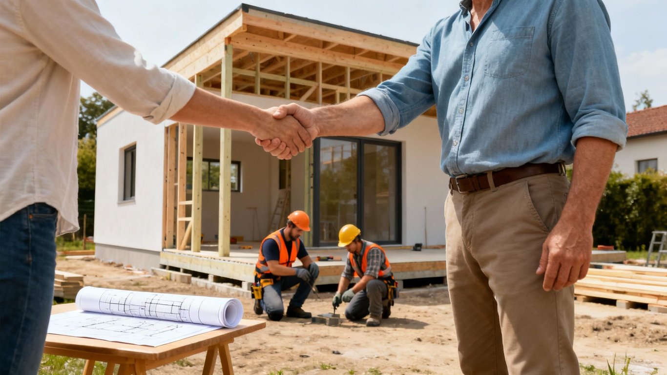 Client and contractor shaking hands on a new home construction site with workers.