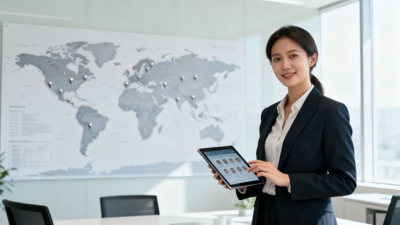 Smiling Asian businesswoman in a suit holds a tablet displaying profiles, standing before a world map with pins.