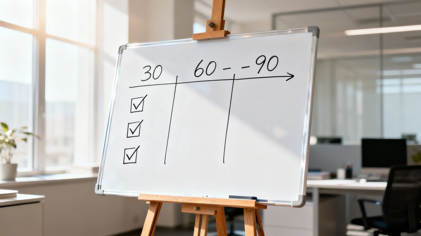 Whiteboard displaying a 30-60-90 day plan with several completed tasks in an office.