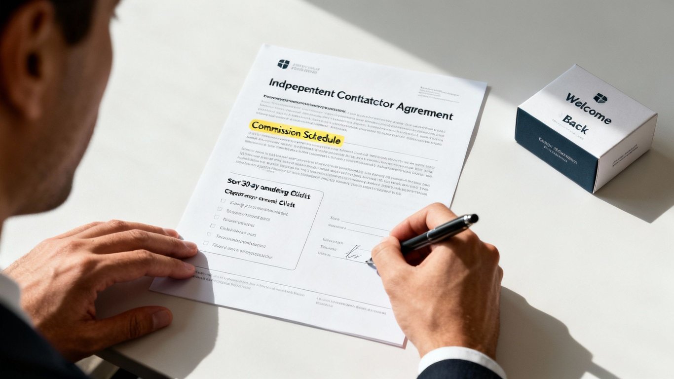A man in a suit signs an independent contractor agreement with a commission schedule.