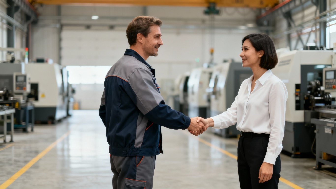 Smiling factory worker and female manager shake hands in an industrial setting.