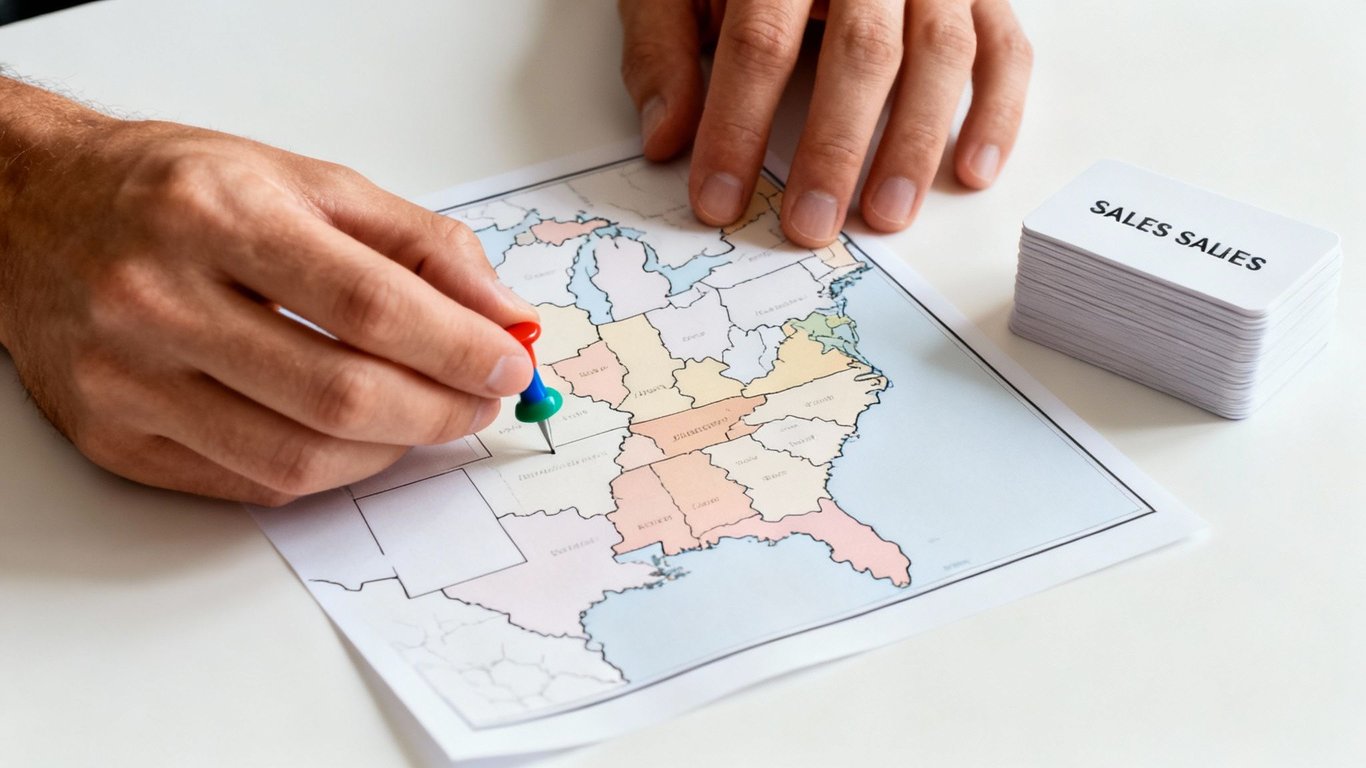 A person pins a location on a United States map, with a stack of sales cards nearby.