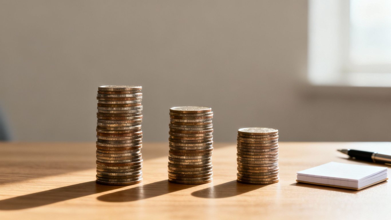 Three stacks of coins decreasing in height on a wooden table, next to a notepad and pen.