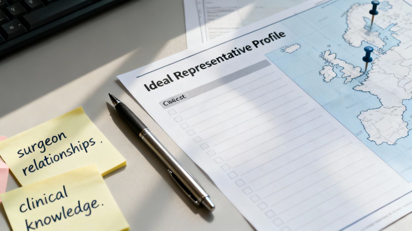 Desk with 'Ideal Representative Profile' document, checklist, map of Europe, and sticky notes on surgeon relationships and clinical knowledge.