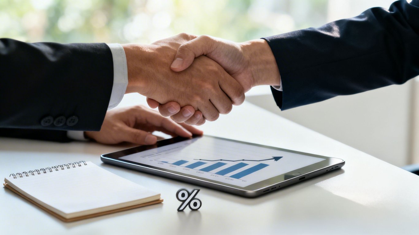 Two businessmen shake hands over a tablet displaying a growth chart, symbolizing a successful business deal.