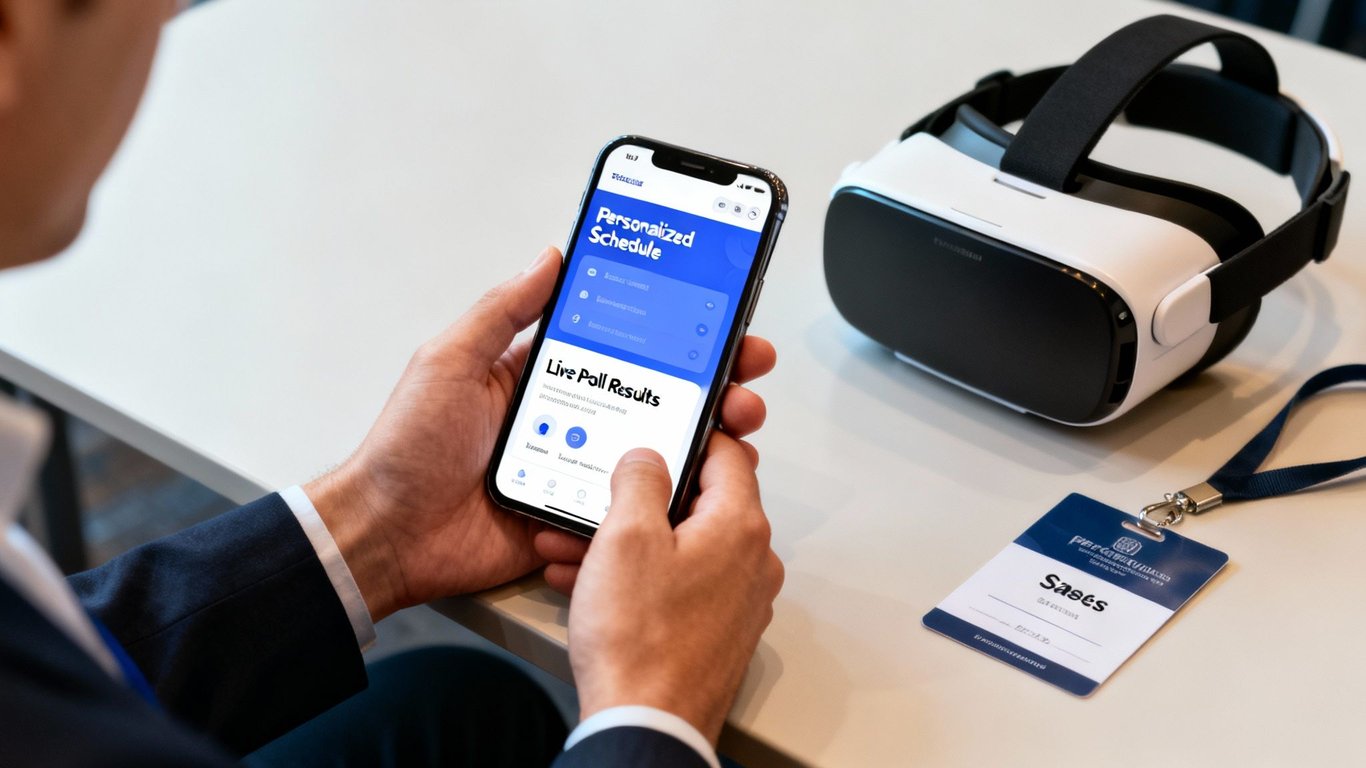A person holds a smartphone displaying a personalized event schedule and live poll results, with a VR headset and name badge on the table.