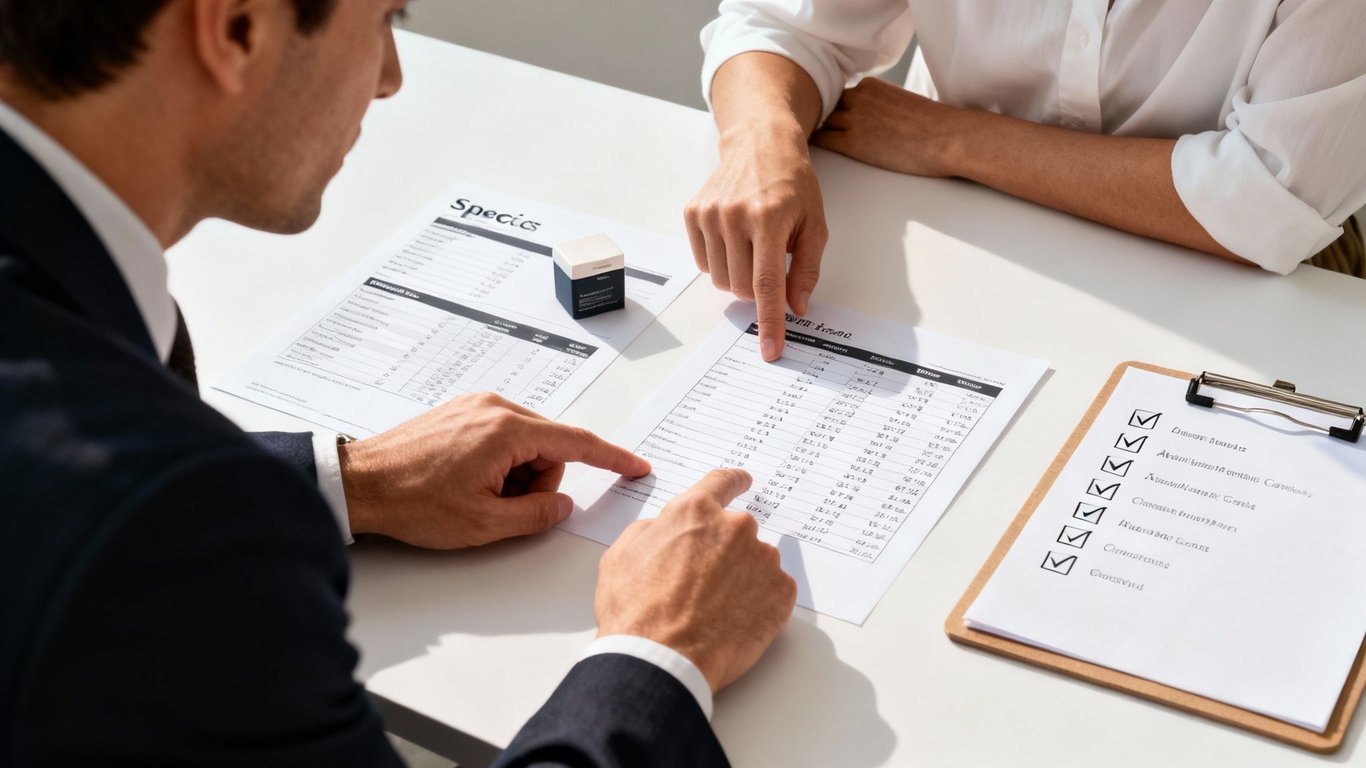 Two business professionals review documents and a checklist at a white desk, pointing at data.