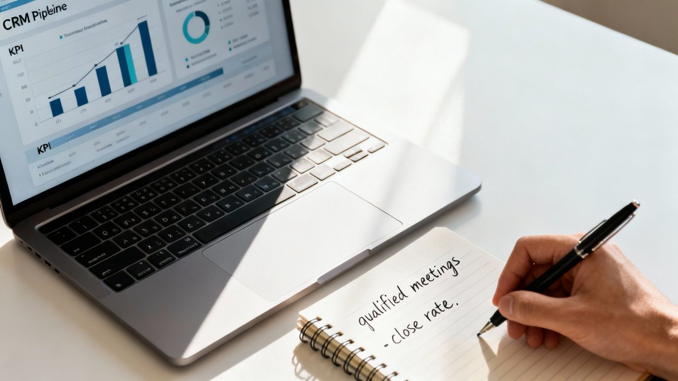 A person analyzing sales performance on a laptop, writing notes about qualified meetings and close rate.