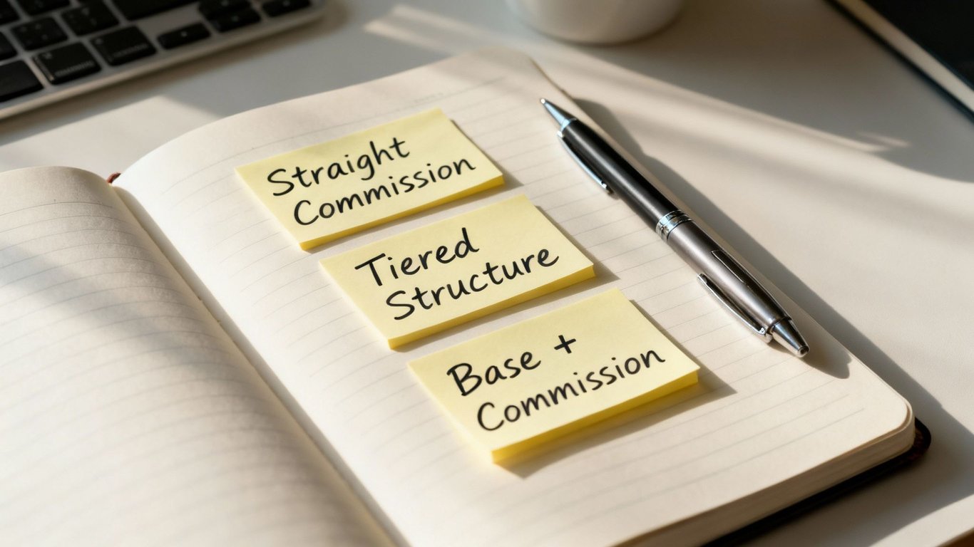 Three sticky notes on a notebook show different sales commission structures: Straight, Tiered, and Base plus.