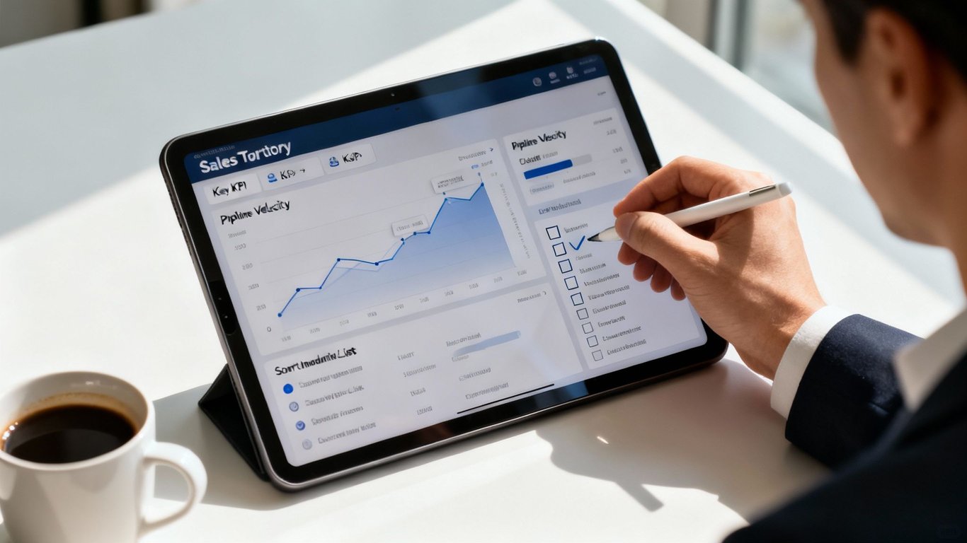 Businessman using a stylus on a tablet displaying sales analytics and territory management data.