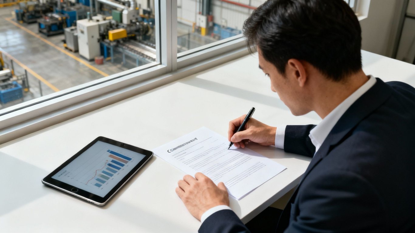 Businessman signing a document on a desk next to a tablet, overlooking a factory.