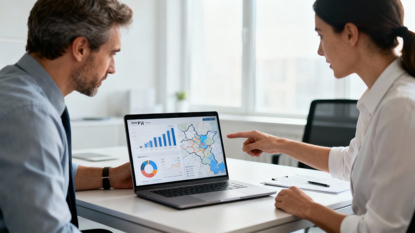 Two colleagues analyze data on a laptop, with one pointing to a map on the screen.