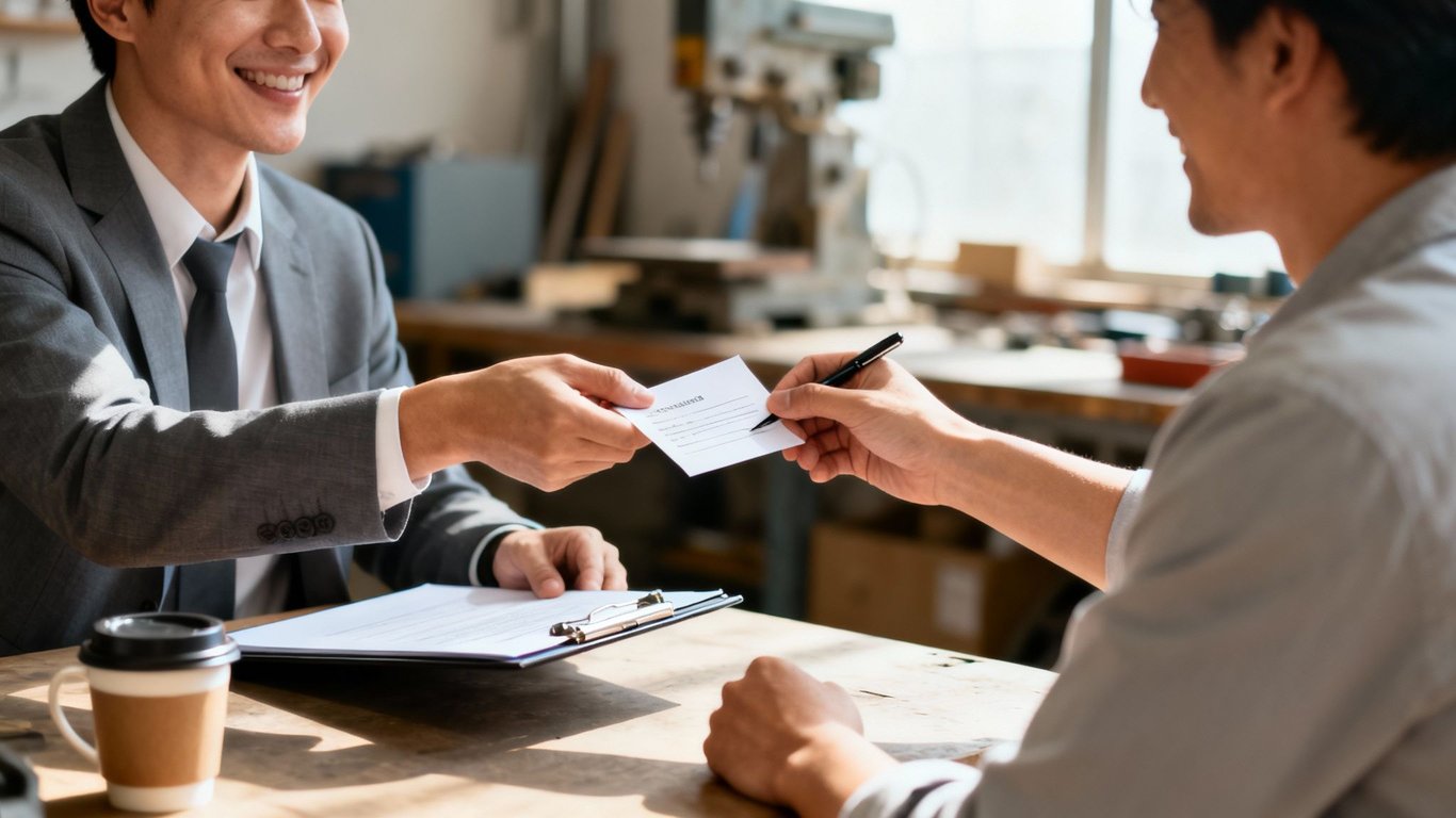 Two smiling men, one in a suit, exchanging a document during a business meeting.