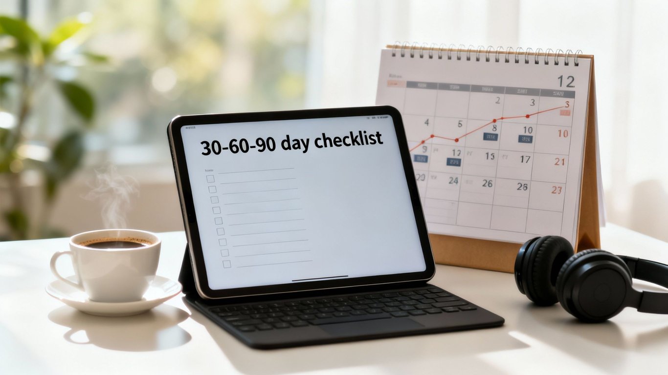Tablet with a 30-60-90 day checklist, coffee, calendar, and headphones on a sunny desk.