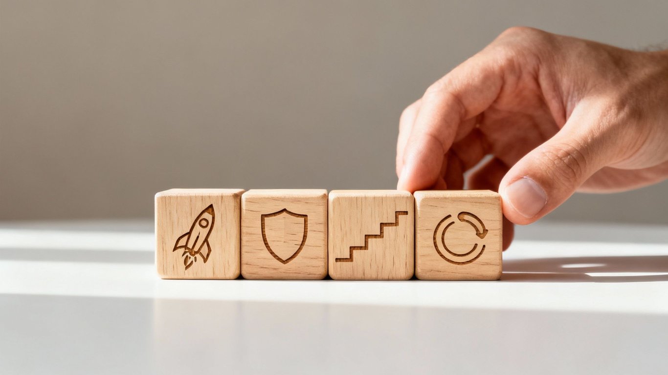 A hand places wooden cubes with symbols for growth, security, progress, and continuous improvement.