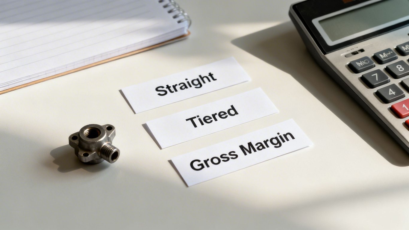 Business desk with 'Straight', 'Tiered', 'Gross Margin' labels, calculator, and notebook for sales rates.
