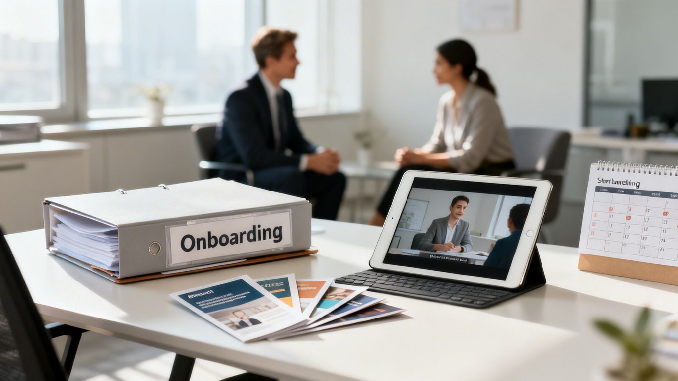 An office desk with an 'Onboarding' binder, brochures, a tablet showing a video call, and a desk calendar.