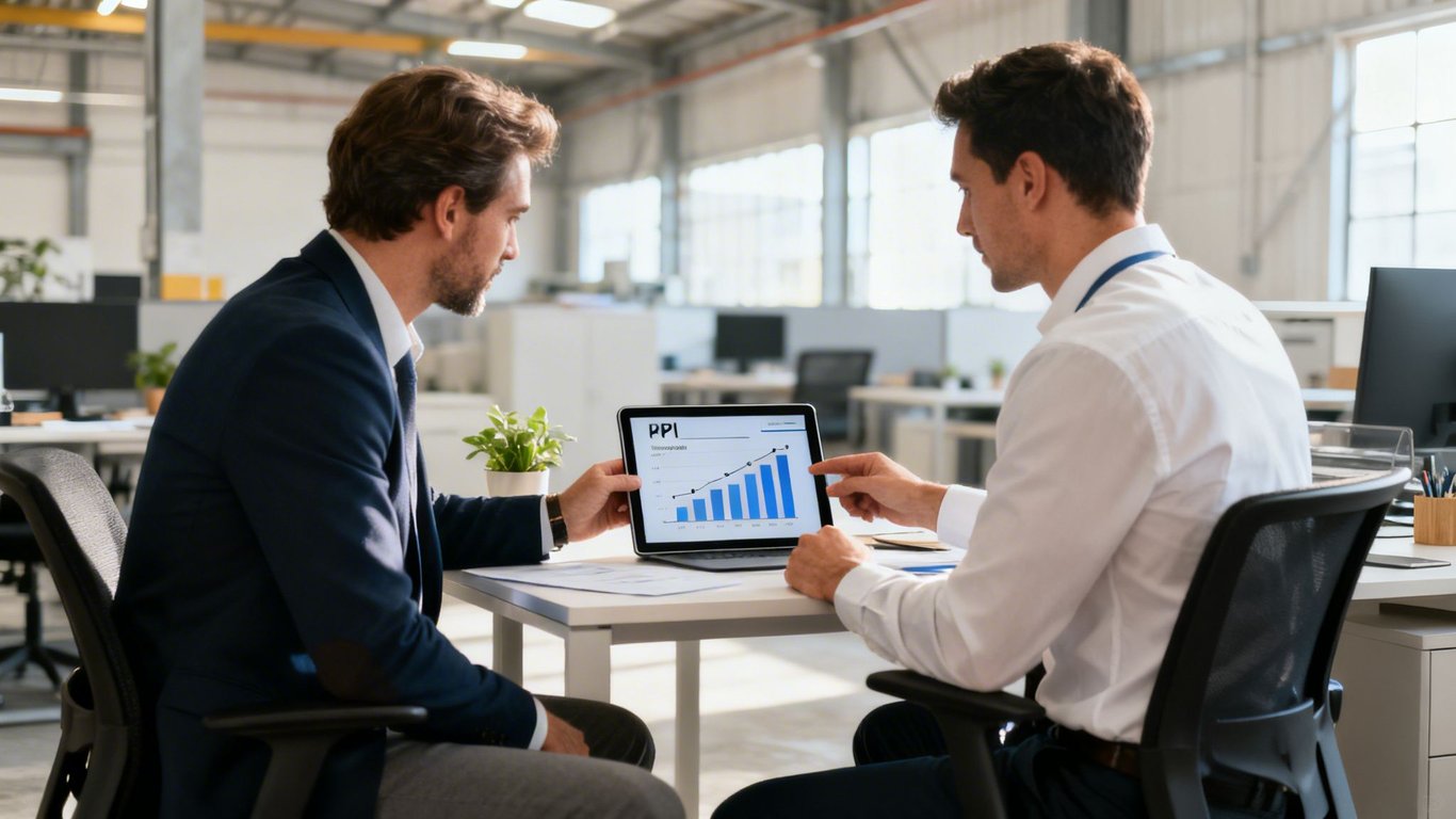 Two business professionals review a PPI graph on a tablet in an open-plan office.