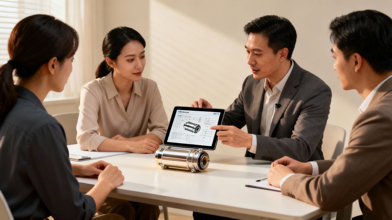 Four professionals discuss a product design with a tablet and physical prototype in a meeting.