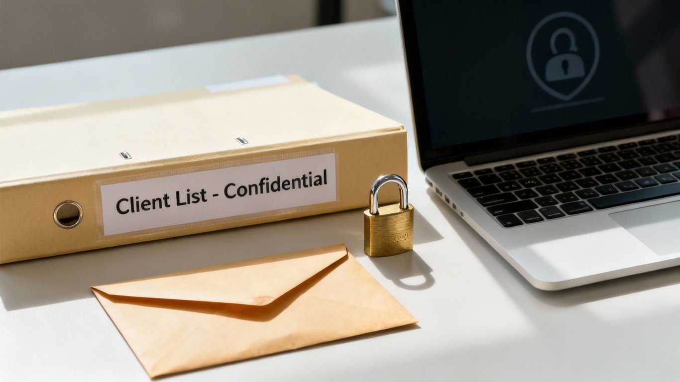 A binder marked 'Client List - Confidential,' a padlock, and a laptop with a security icon, symbolizing data protection.