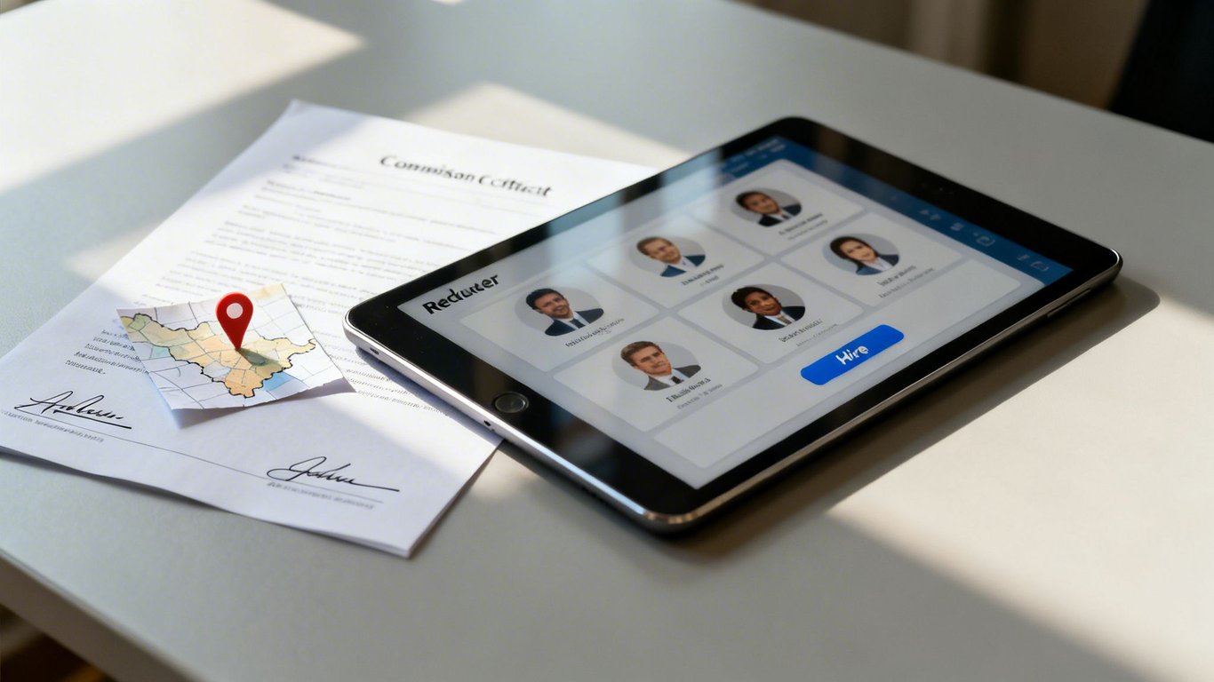Tablet displaying a 'Recruiter' app with candidate profiles next to business documents and a map.