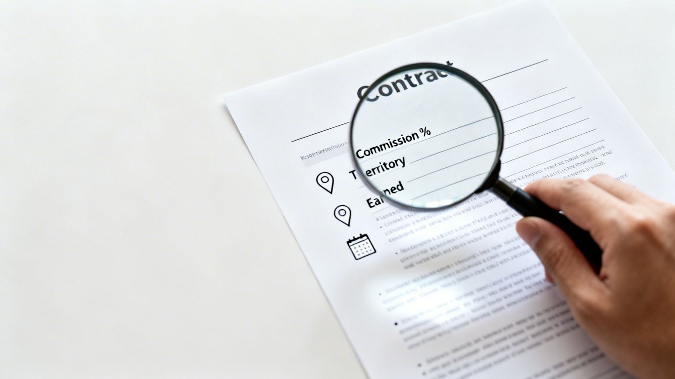Close-up of a hand using a magnifying glass to review a sales commission contract.