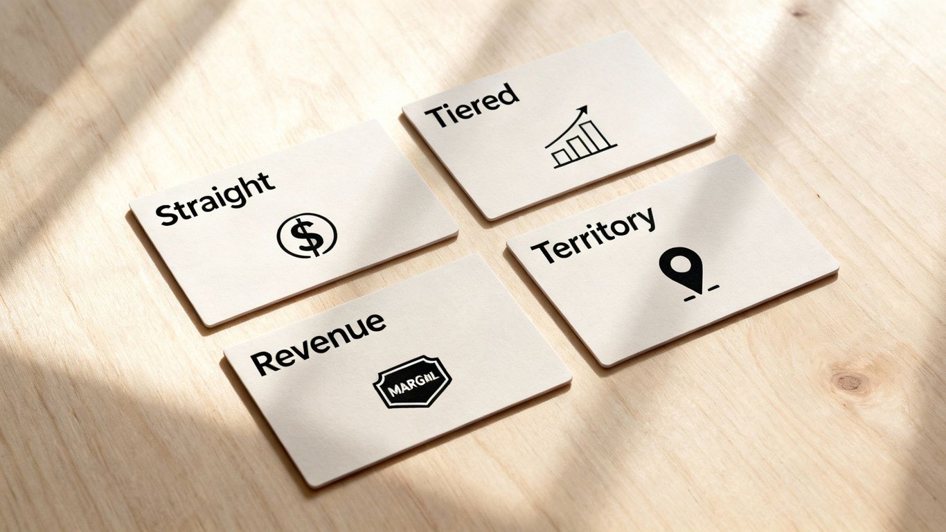 Four cards illustrating sales commission structures: Straight, Tiered, Revenue (MARGINL), and Territory on a wooden surface.
