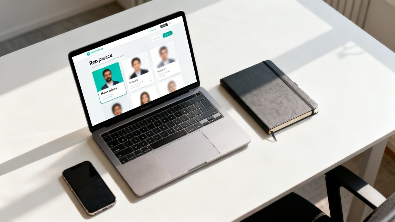 A laptop on a white desk displays a 'Rep paruce' interface with employee profiles, next to a smartphone and a black notebook.