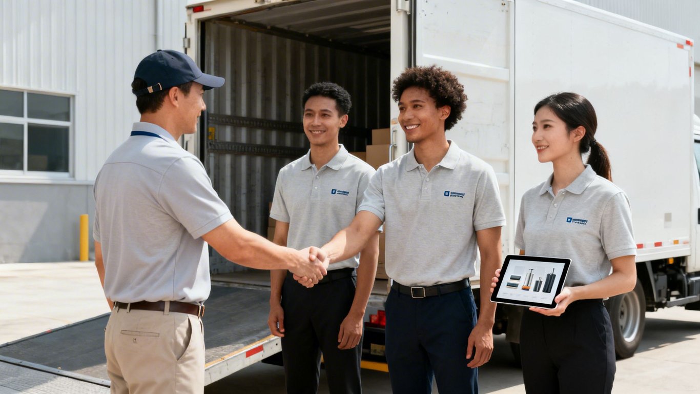 A delivery team shakes hands with a customer next to a truck, with a tablet displaying items.