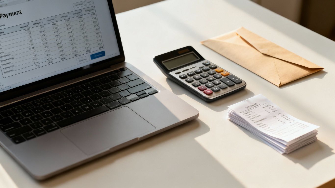 A laptop showing financial data, a calculator, a stack of receipts, and an envelope on a white desk, for accounting.
