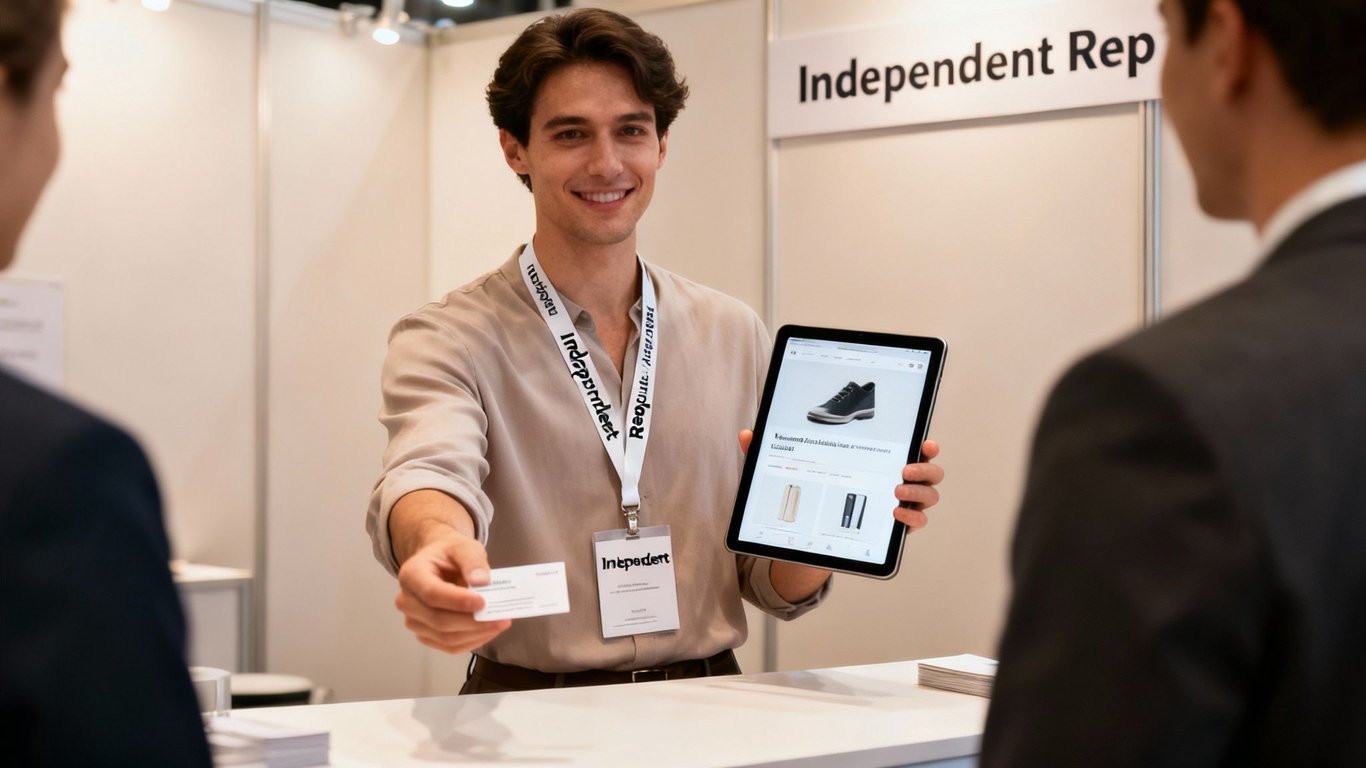 Smiling independent sales representative at a trade show booth, offering a business card and product demo on a tablet.