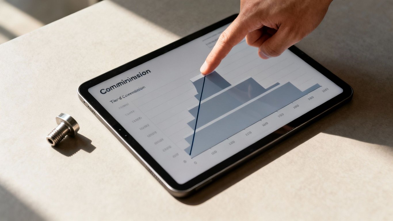 A hand interacts with a tablet displaying a sales commission chart, analyzing financial data.