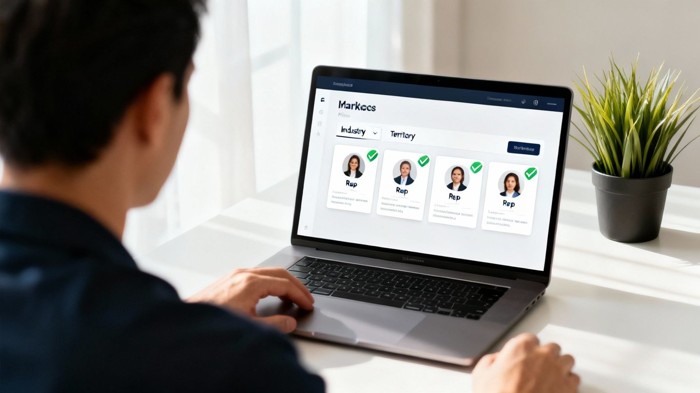A person views a laptop displaying a web application for hiring sales representatives with profiles.