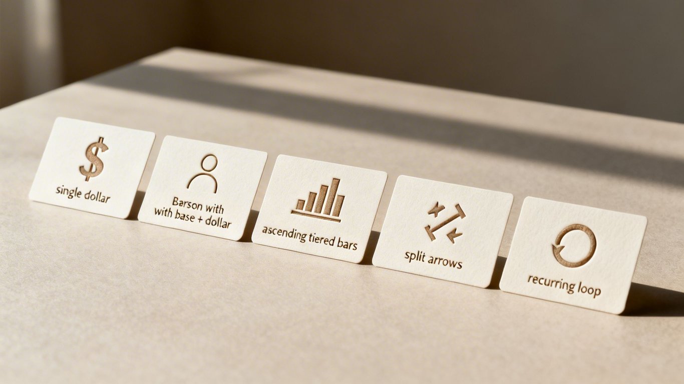 Five white cards with brown etched icons representing dollar, person, bar chart, split arrows, and recurring loop.