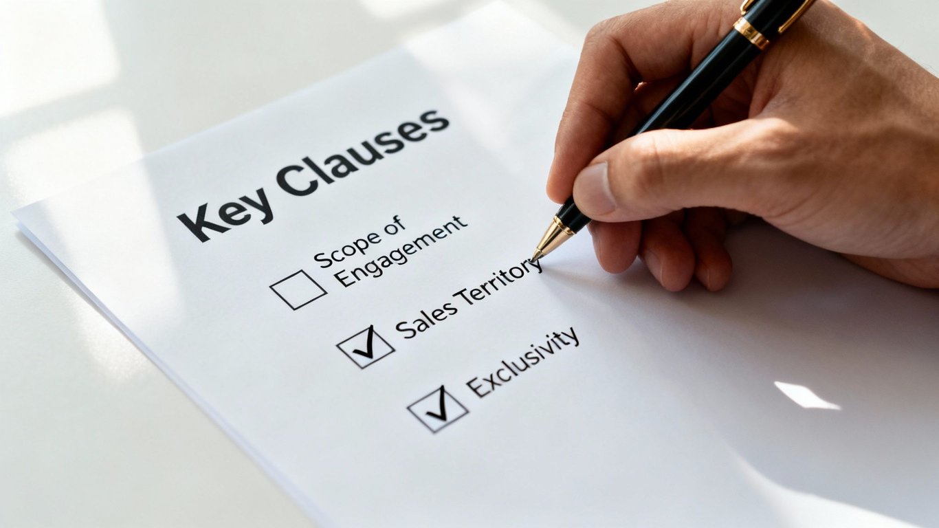 A hand with a pen checks 'Sales Territory' and 'Exclusivity' on a document titled 'Key Clauses'.