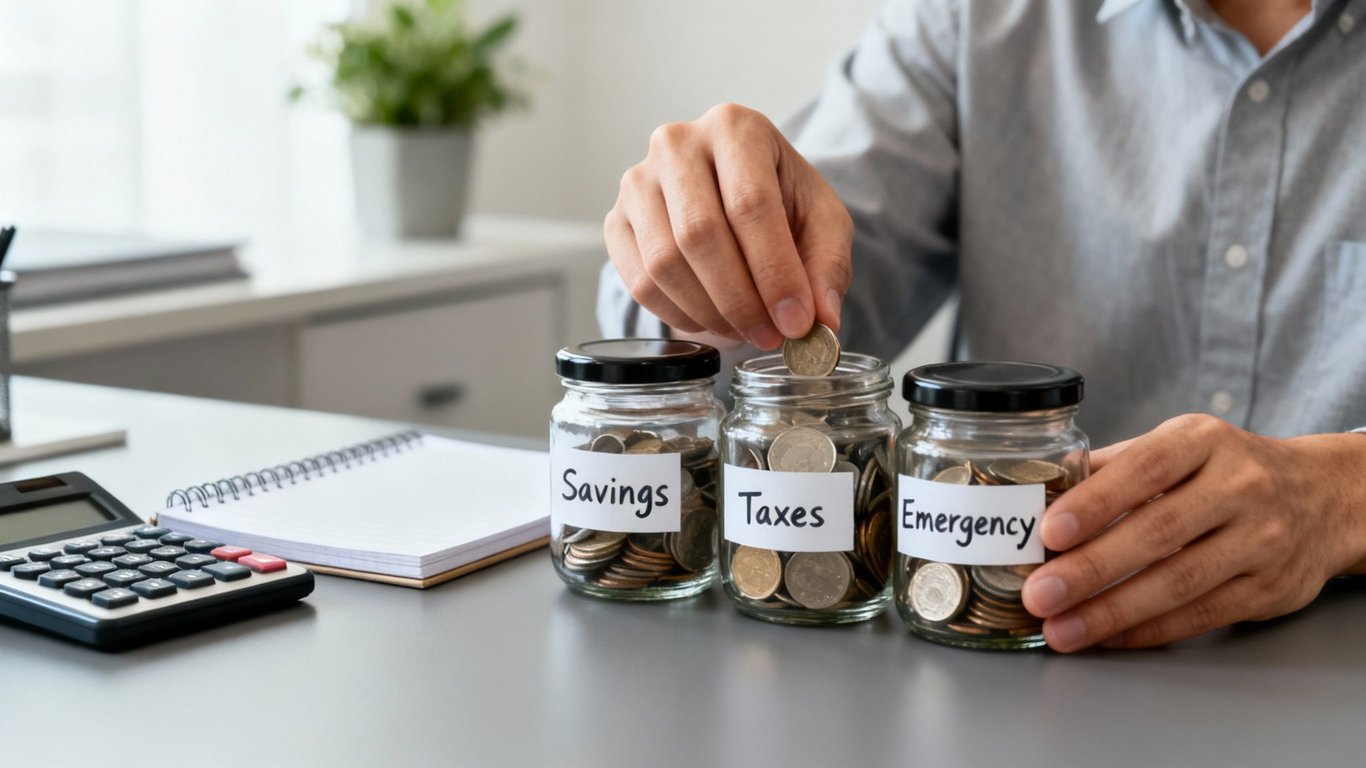 A person placing a coin into a glass jar labeled 'Taxes' next to 'Savings' and 'Emergency' jars.