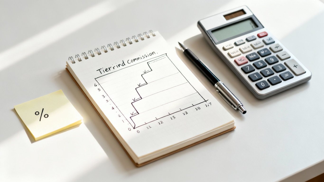 A flat lay shows a calculator, pen, and notebook with a commission graph, next to a sticky note with a percentage symbol.