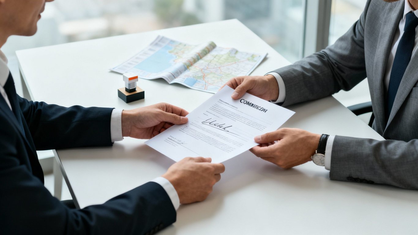 Two businessmen exchange a signed commission contract document at a white desk.