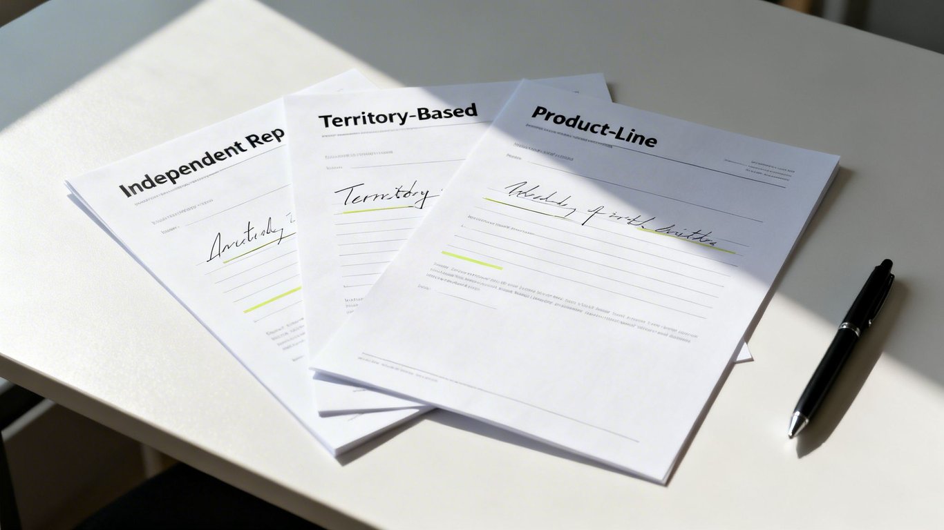 Three sales agreement documents titled Independent Rep, Territory-Based, and Product-Line, with handwriting and a pen on a table.
